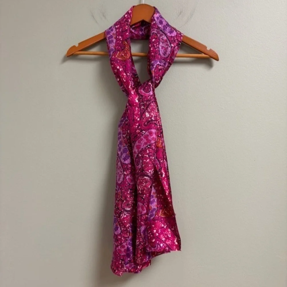 Ann Taylor Silk Scarf 100% Silk Pink Purple Paisley Floral Long Rectangle Artsy